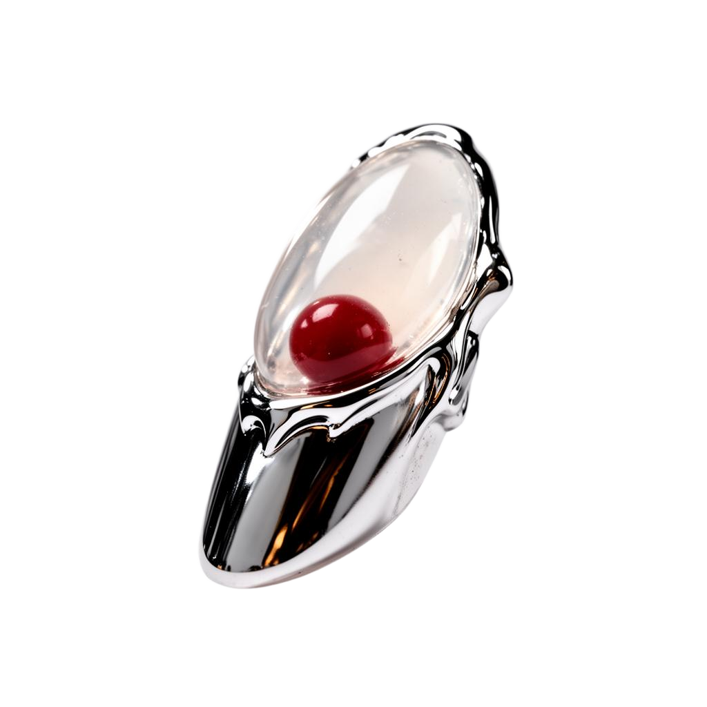 Sculptural chrome nail object with internal red sphere
